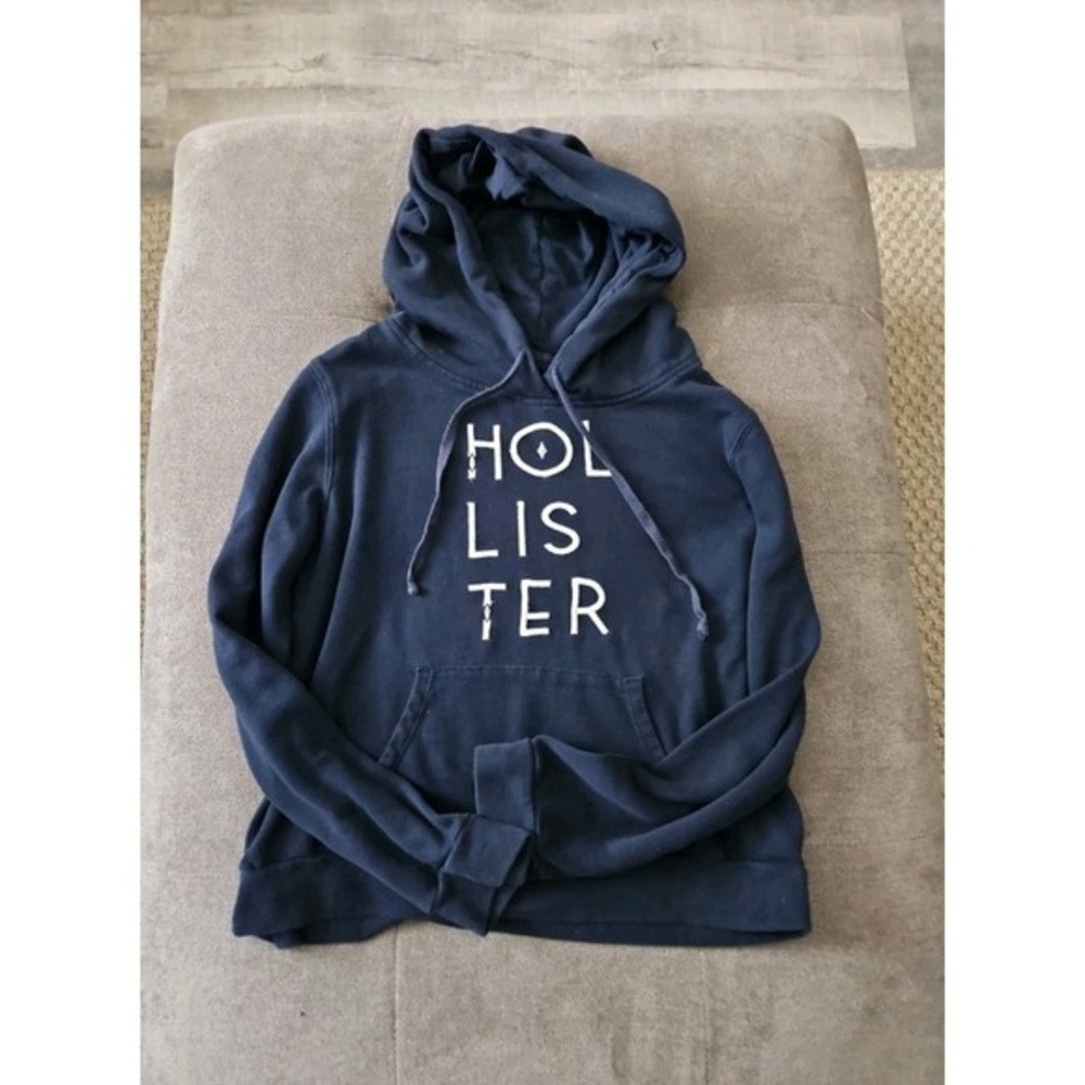 Hollister Navy Blue Hoodie Sweatshirt Large Spellout Logo Fleece Pullover L